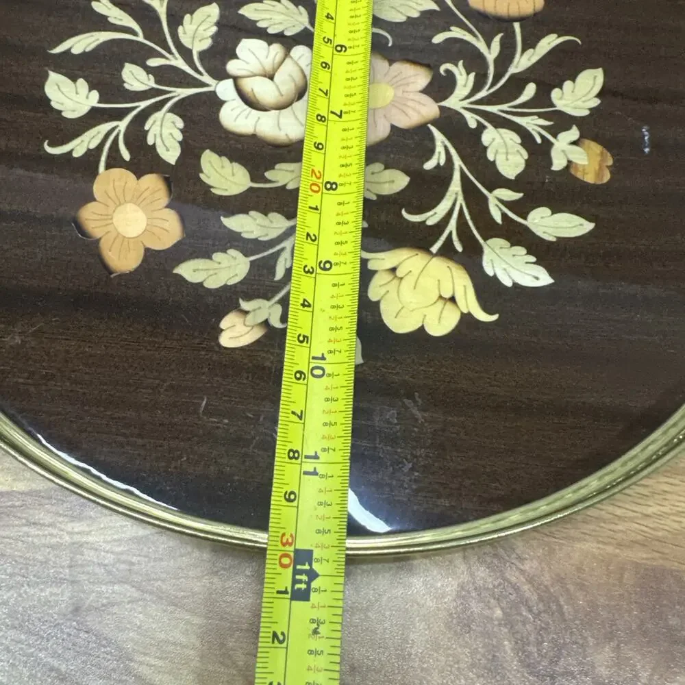 Vintage Italian Marquetry Wood Inlay Tray Brass Handles Vanity Ornate 11-3/4”
